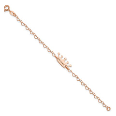 Sterling Silver Rose-tone Princess Crown Heart Link Children's Bracelet QG4657-6
