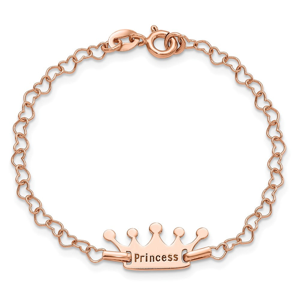 Sterling Silver Rose-tone Princess Crown Heart Link Children's Bracelet QG4657-6
