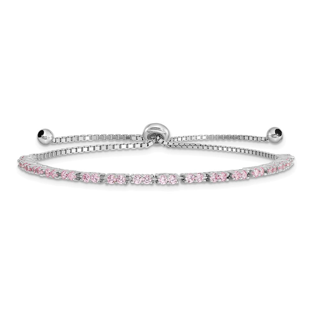 Sterling Silver Rhodium Plated October Pink CZ Adjustable Bracelet QG4757OCT