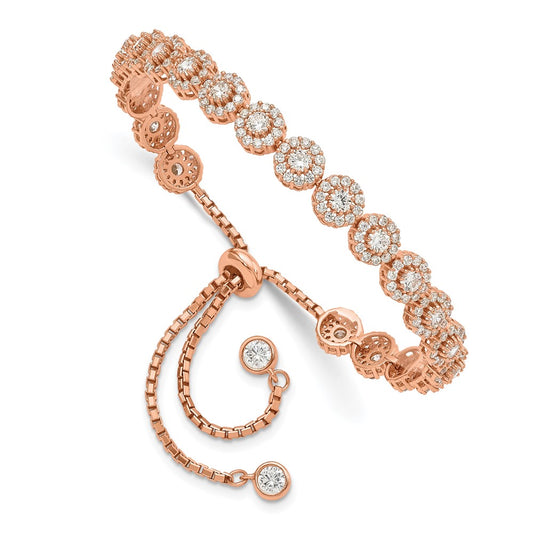 Sterling Silver Rose-tone CZ Halo Adjustable Bracelet QG4780
