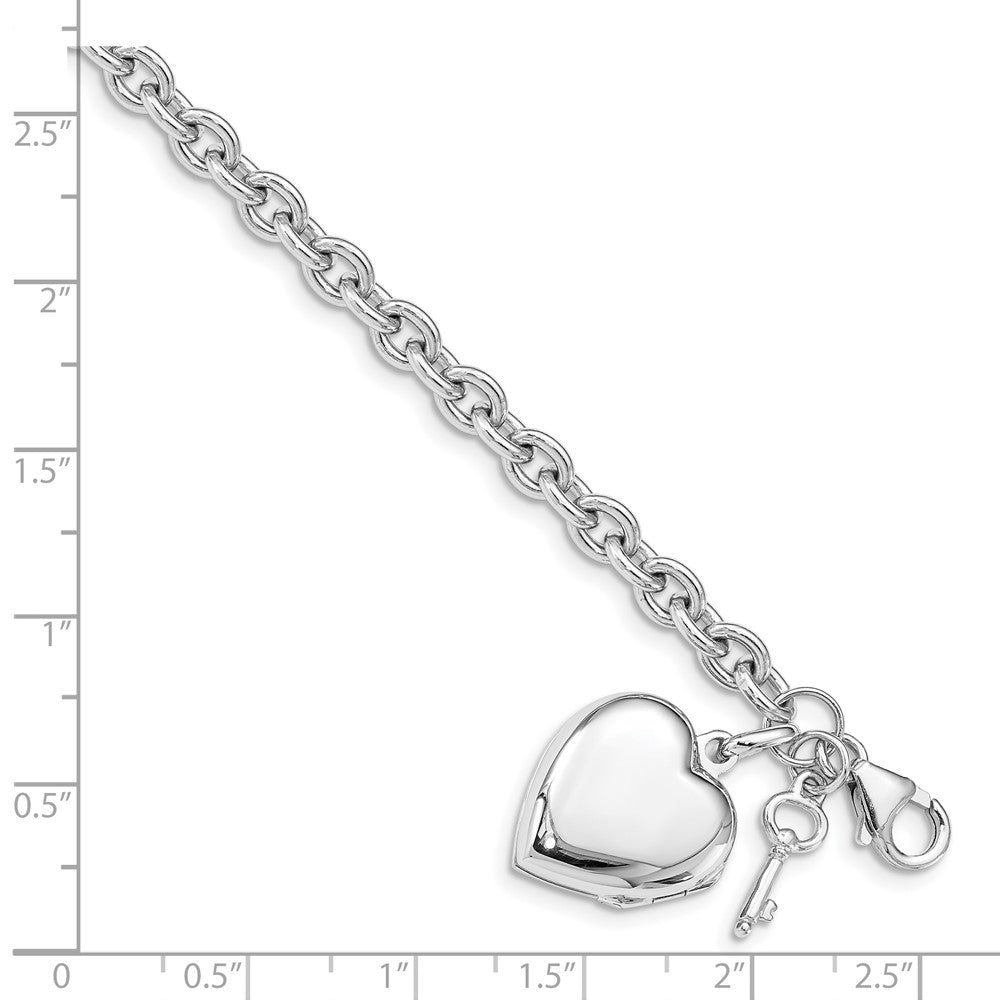 Sterling Silver Rhodium-plated Puffed Heart Locket & Key Bracelet QG4855-7.25