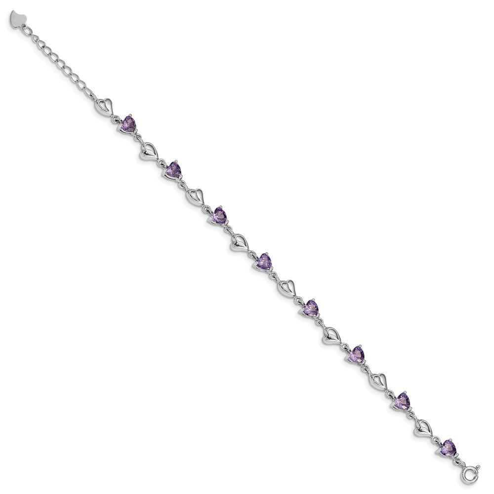 Sterling Silver Rhodium-plated w/1in ext Purple Crystal Hearts Bracelet QG4919-6.5