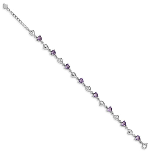 Sterling Silver Rhodium-plated w/1in ext Purple Crystal Hearts Bracelet QG4919-6.5