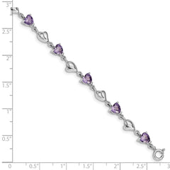 Sterling Silver Rhodium-plated w/1in ext Purple Crystal Hearts Bracelet QG4919-6.5