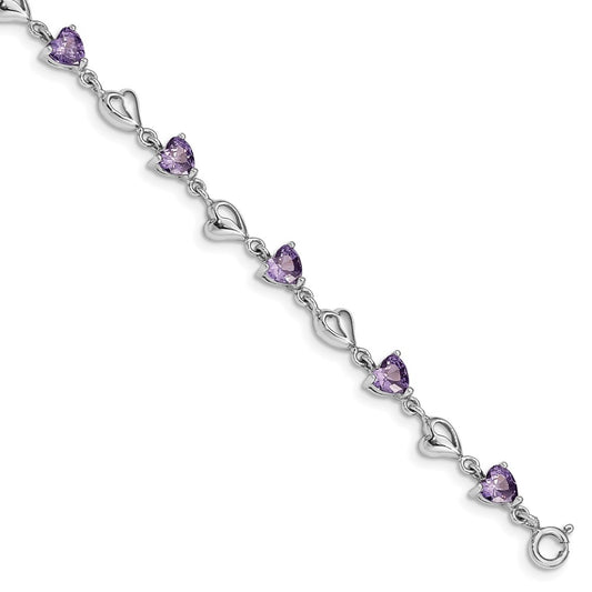 Sterling Silver Rhodium-plated w/1in ext Purple Crystal Hearts Bracelet QG4919-6.5