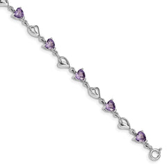 Sterling Silver Rhodium-plated w/1in ext Purple Crystal Hearts Bracelet QG4919-6.5