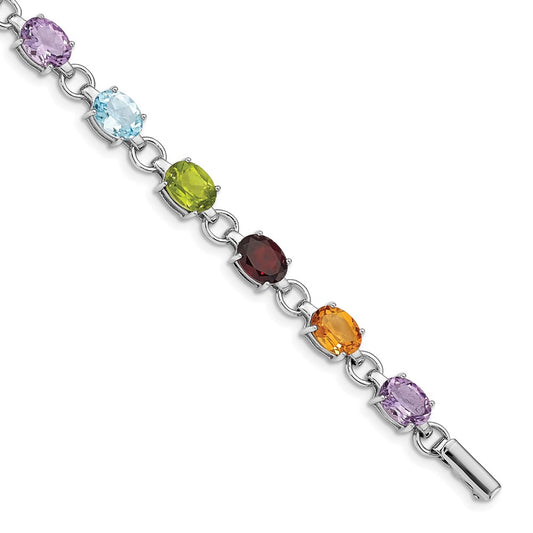 Sterling Silver Rhodium-plated Oval Multi-gemstone Bracelet QG4926-7.25
