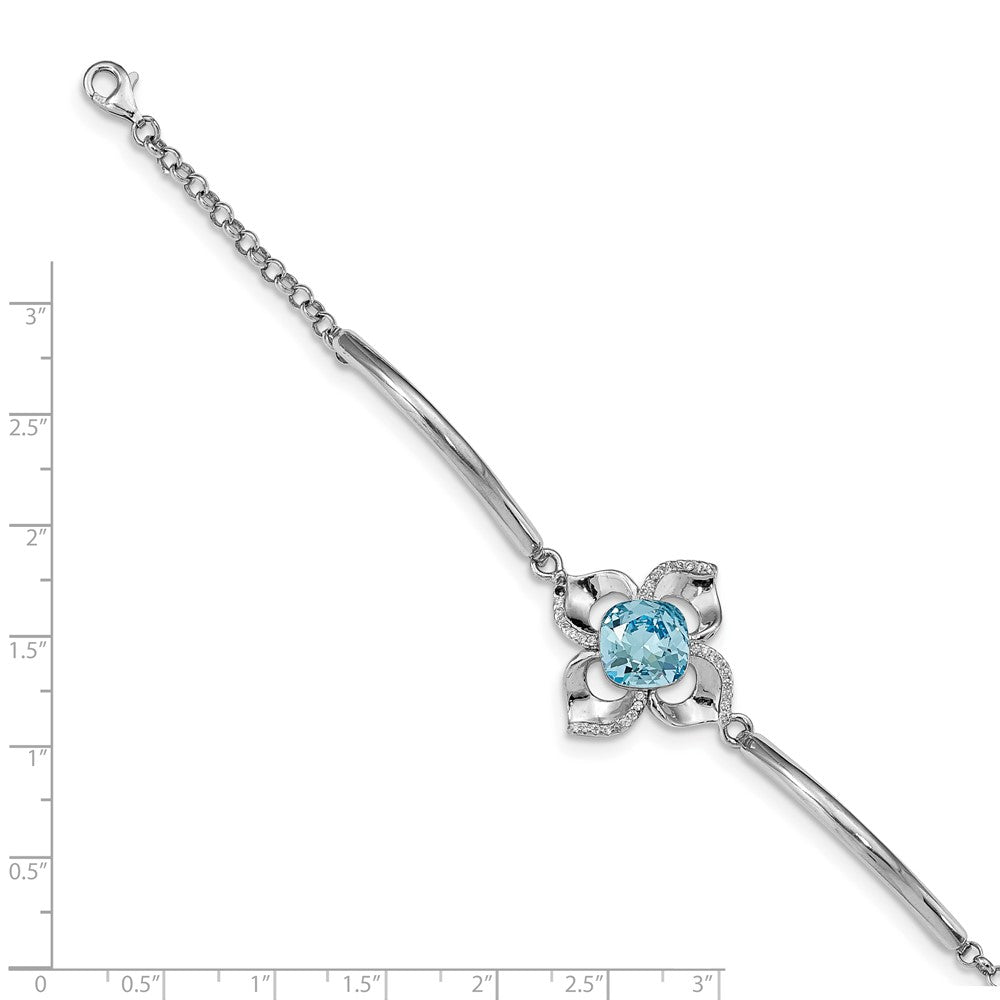 Sterling Silver RH-plated Clear/Blue Crystal Flower w/1in ext Bracelet QG4954-7