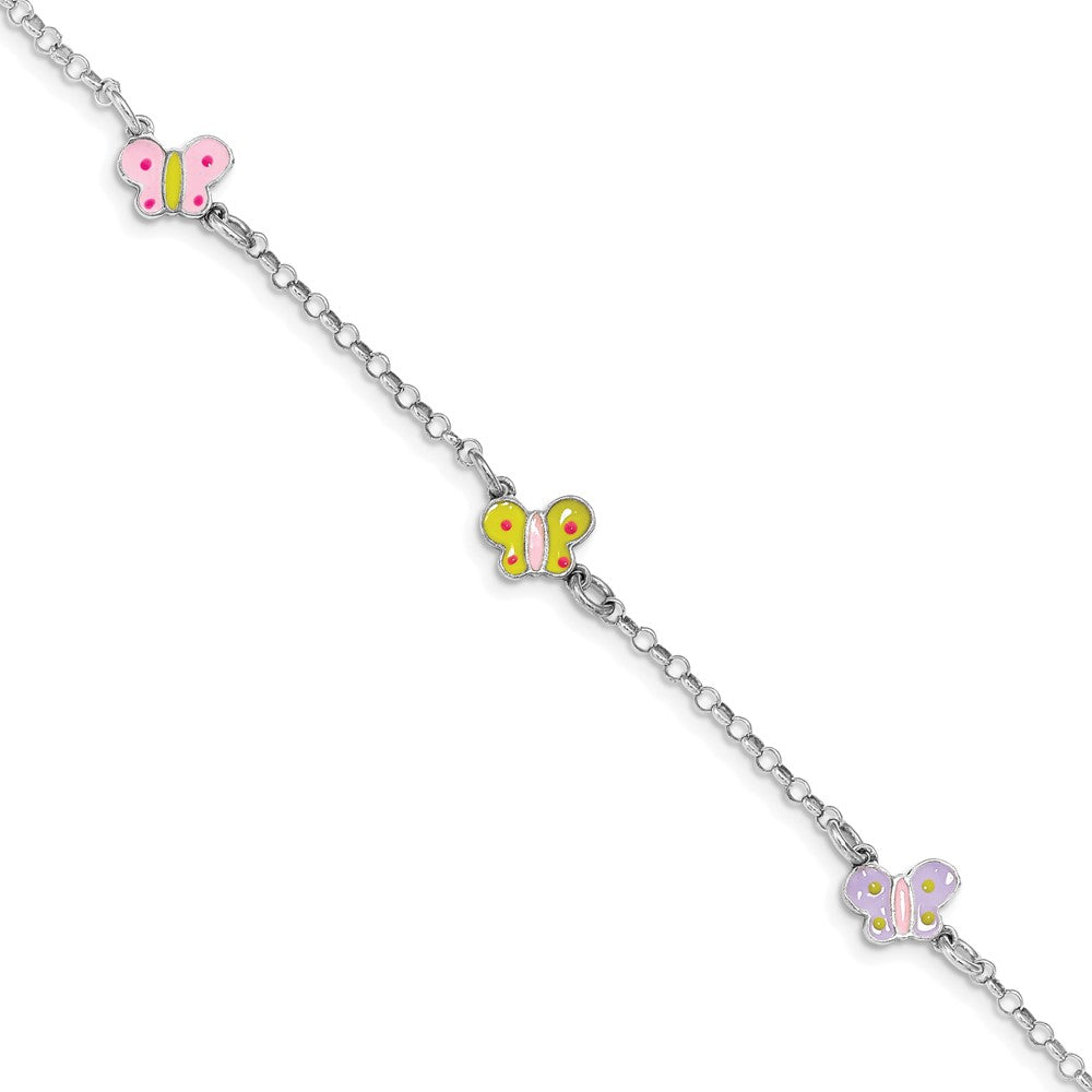 Sterling Silver Rhodium-plated Polished Multi-color Enameled Butterflies Children's Bracelet QG4961-7