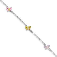 Sterling Silver Rhodium-plated Polished Multi-color Enameled Butterflies Children's Bracelet QG4961-7