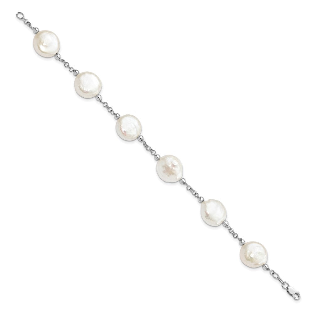 Sterling Silver Rhodium-plated 12-13mm White Coin Freshwater Cultured Pearl 6-Station 7.5 inch Bracelet QG5084-7.5