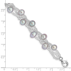 Sterling Silver Rhodium-plated 7-9mm Grey Semi-Round Freshwater Cultured Pearl and Glass Beaded 7.5 inch Bracelet QG5085-7.5