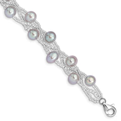 Sterling Silver Rhodium-plated 7-9mm Grey Semi-Round Freshwater Cultured Pearl and Glass Beaded 7.5 inch Bracelet QG5085-7.5