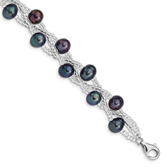 Sterling Silver Rhodium-plated 7-9mm Black Semi-Round Freshwater Cultured Pearl and Glass Beaded 7.5 inch Bracelet QG5087-7.5