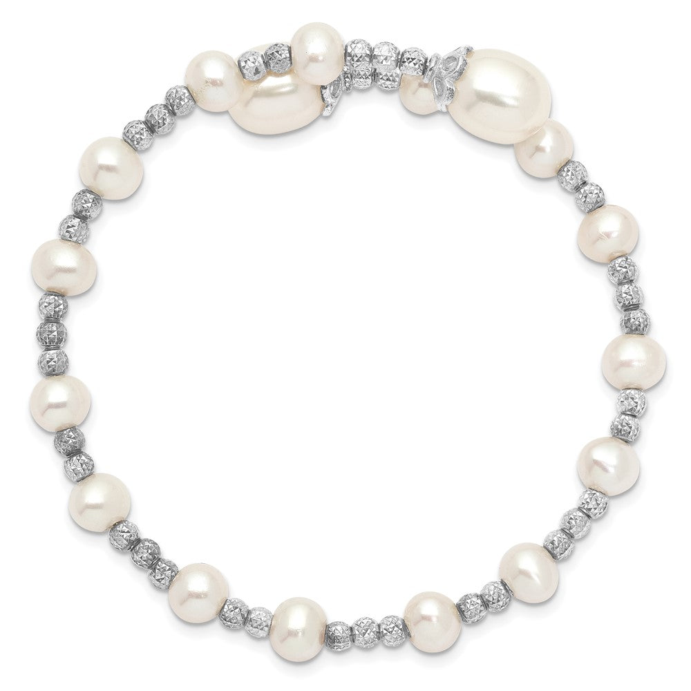 Sterling Silver Rhodium-plated 5-6mm and 8mm White Teardrop and Near-Round White Freshwater Cultured Pearl Wrap Flexible Bangle QG5102