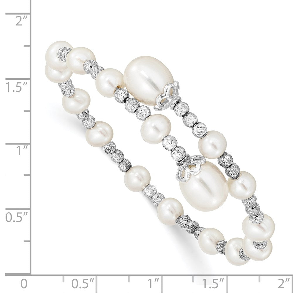 Sterling Silver Rhodium-plated 5-6mm and 8mm White Teardrop and Near-Round White Freshwater Cultured Pearl Wrap Flexible Bangle QG5102