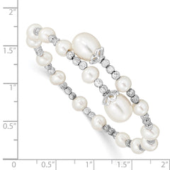 Sterling Silver Rhodium-plated 5-6mm and 8mm White Teardrop and Near-Round White Freshwater Cultured Pearl Wrap Flexible Bangle QG5102