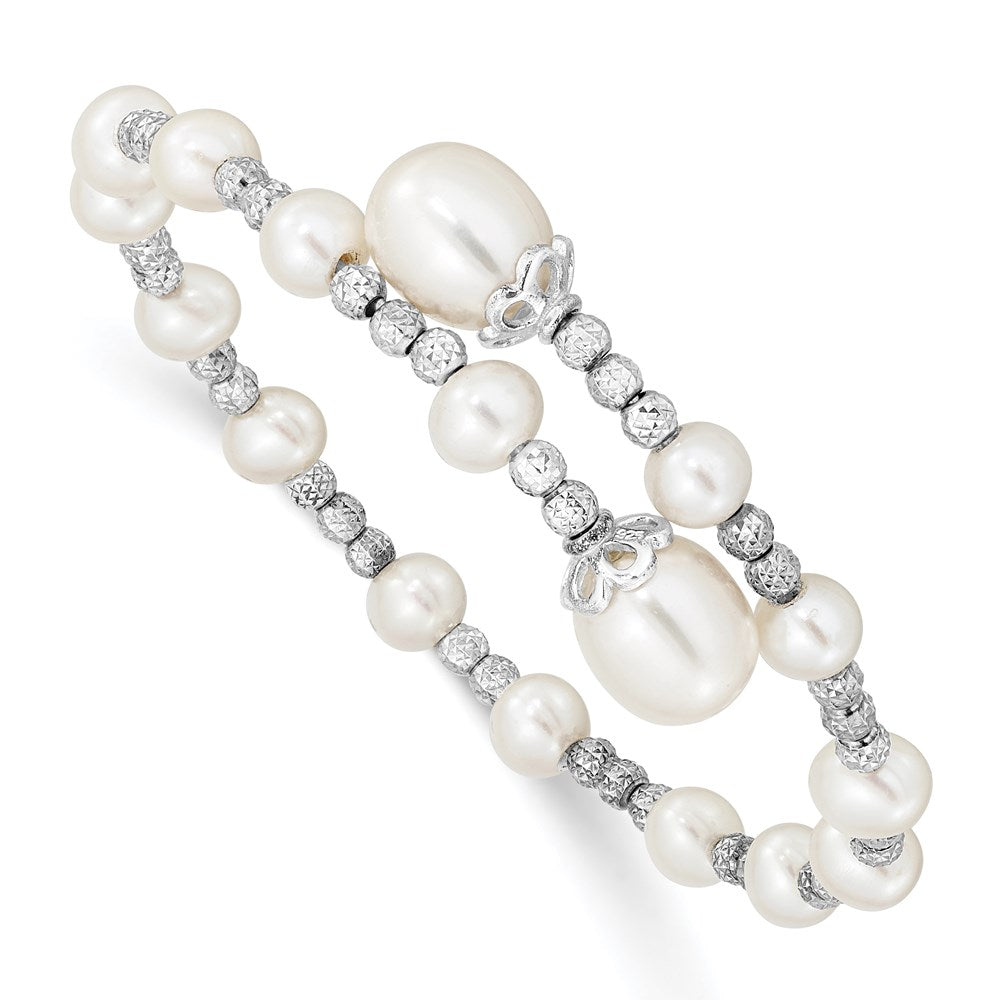 Sterling Silver Rhodium-plated 5-6mm and 8mm White Teardrop and Near-Round White Freshwater Cultured Pearl Wrap Flexible Bangle QG5102