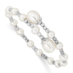 Sterling Silver Rhodium-plated 5-6mm and 8mm White Teardrop and Near-Round White Freshwater Cultured Pearl Wrap Flexible Bangle QG5102