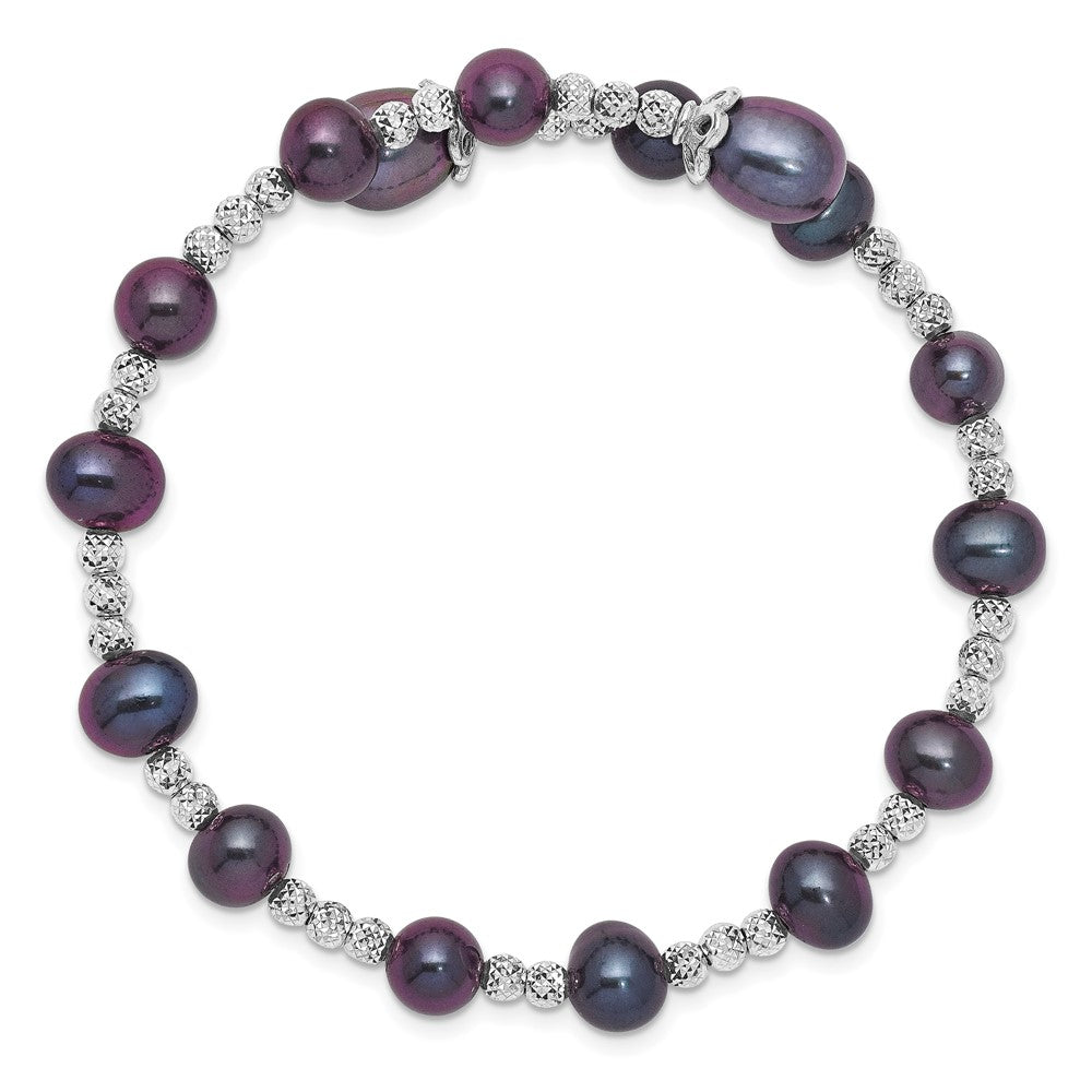 Sterling Silver Rhodium-plated 6-7mm and 8mm Black Teardrop and Near-Round Freshwater Cultured Pearl Wrap Flexible Bangle QG5104