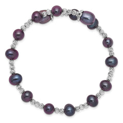 Sterling Silver Rhodium-plated 6-7mm and 8mm Black Teardrop and Near-Round Freshwater Cultured Pearl Wrap Flexible Bangle QG5104