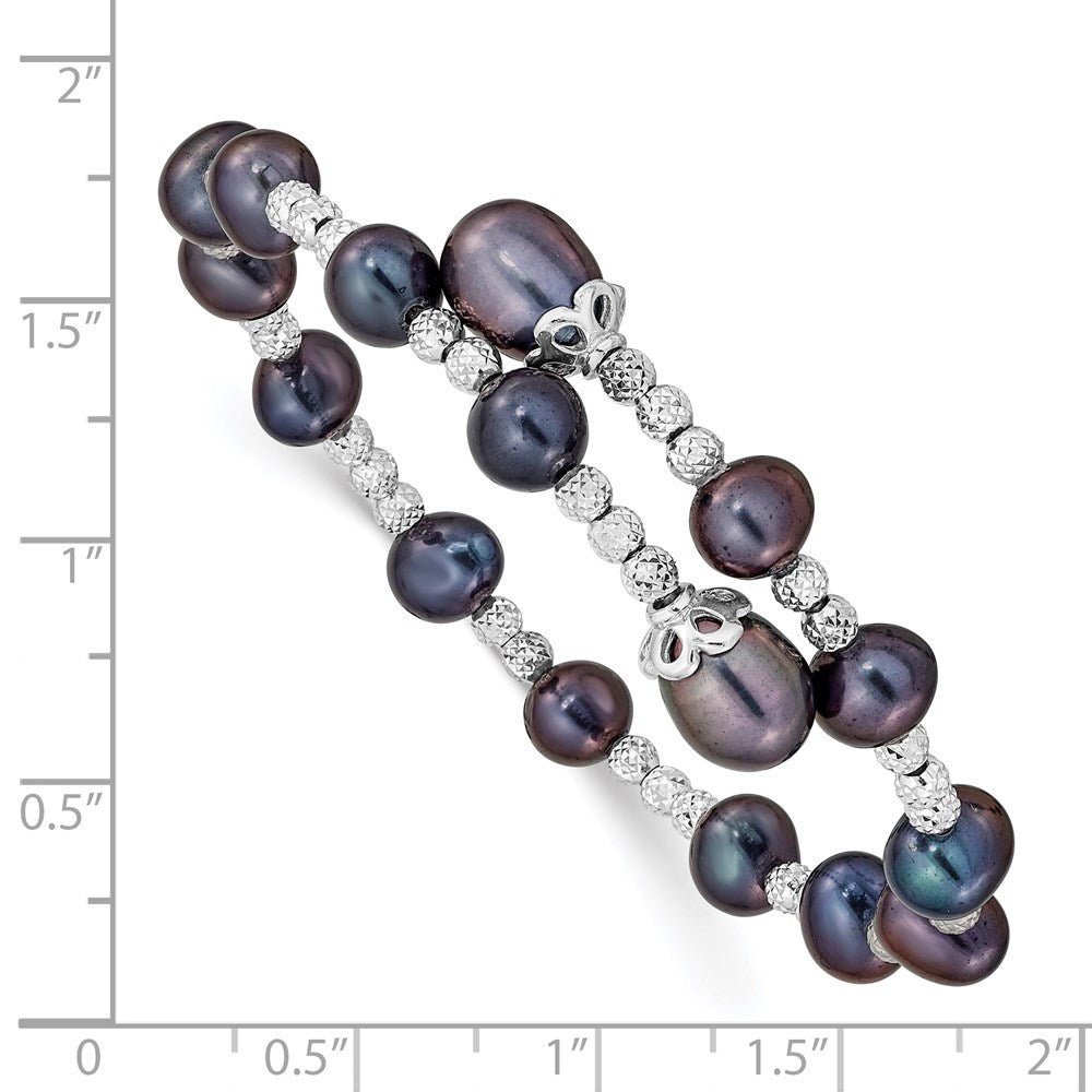 Sterling Silver Rhodium-plated 6-7mm and 8mm Black Teardrop and Near-Round Freshwater Cultured Pearl Wrap Flexible Bangle QG5104