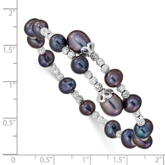 Sterling Silver Rhodium-plated 6-7mm and 8mm Black Teardrop and Near-Round Freshwater Cultured Pearl Wrap Flexible Bangle QG5104