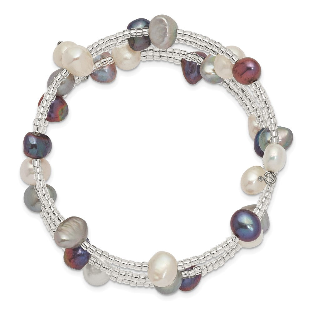 7-8mm Black, Grey and White Baroque Freshwater Cultured Pearl and Glass Beaded 3-row Warp Bracelet QG5106