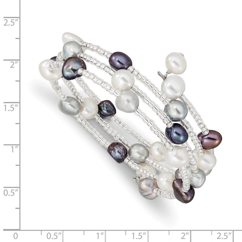 7-8mm Black, Grey and White Baroque Freshwater Cultured Pearl and Glass Beaded 3-row Warp Bracelet QG5106