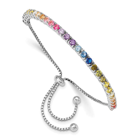 Prizma Sterling Silver Rhodium-plated 3mm Colorful CZ Adjustable Bolo Bracelet QG5659