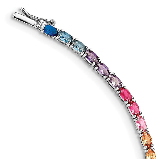 Prizma Sterling Silver Rhodium-plated 7.5 inch Oval Colorful CZ Tennis Bracelet QG5660-7.5