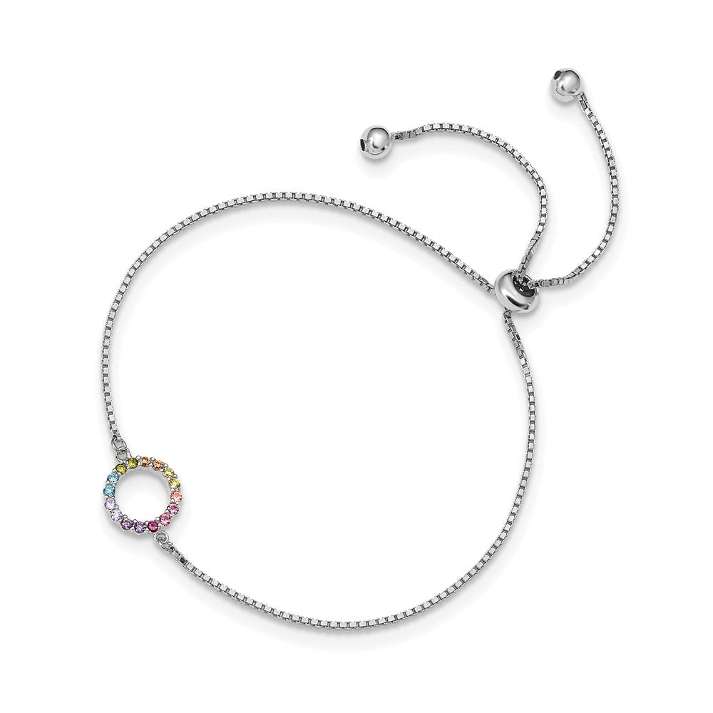 Prizma Sterling Silver Rhodium-plated Colorful CZ Open Circle Adjustable Bolo Bracelet QG5665