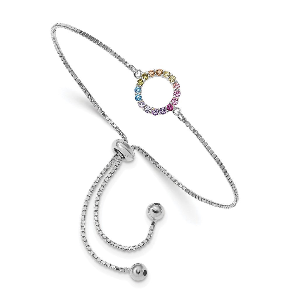 Prizma Sterling Silver Rhodium-plated Colorful CZ Open Circle Adjustable Bolo Bracelet QG5665
