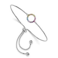 Prizma Sterling Silver Rhodium-plated Colorful CZ Open Circle Adjustable Bolo Bracelet QG5665