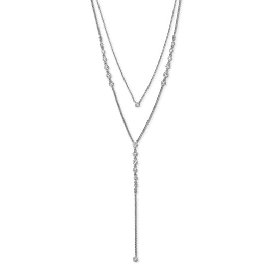 Sterling Shimmer Sterling Silver Rhodium-plated Adjustable up to 29 inches 50 Stone CZ 2 Strand Layer Y-Drop Necklace QG5713