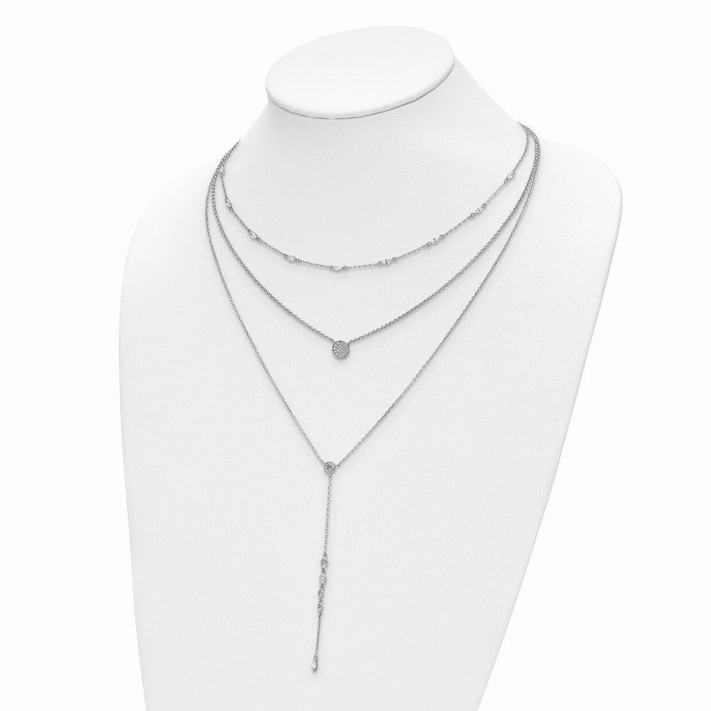 Sterling Shimmer Sterling Silver Rhodium-plated Adjustable up to 28 inches 61 Stone CZ 3 Strand Layer Y-Drop Necklace QG5716