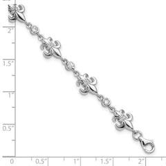 Sterling Silver Rhodium-plated CZ Fleur de Lis w/ 1in ext. Bracelet QG5797-7