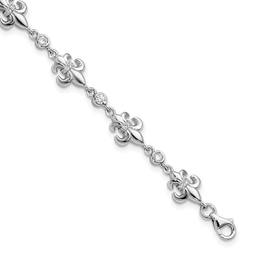 Sterling Silver Rhodium-plated CZ Fleur de Lis w/ 1in ext. Bracelet QG5797-7