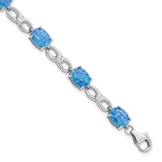 Sterling Silver Rhodium-plated Polished Blue Created Opal & CZ Bracelet QG5922-7.25