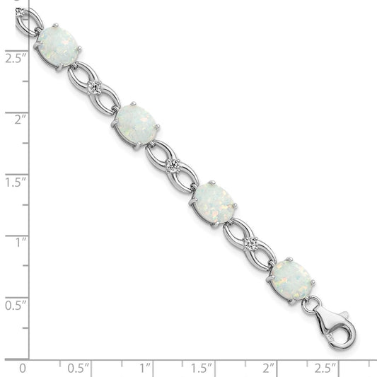 Sterling Silver Rhodium-plated Polished White Created Opal & CZ Bracelet QG5926-7.25