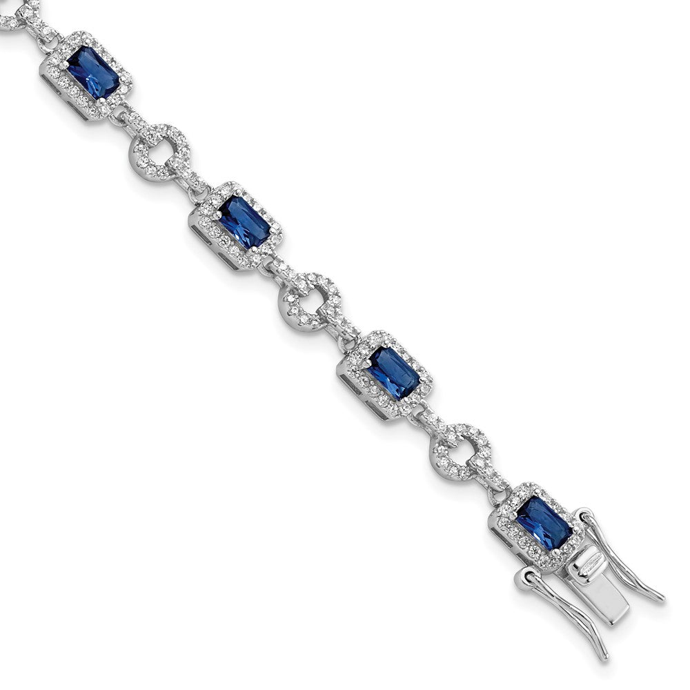 Sterling Silver Rhodium-plated CZ and Blue Glass Stone 7.75 inch Bracelet QG5929-7.75