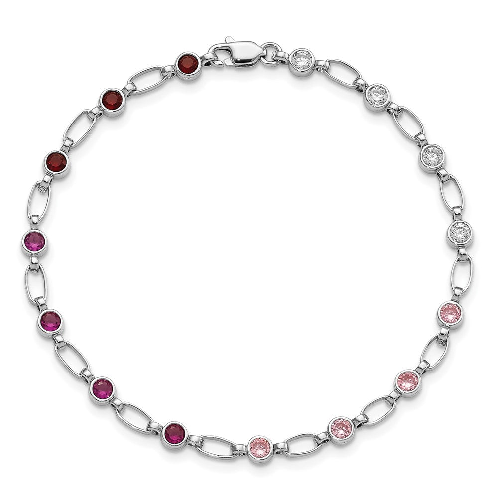 Sterling Silver Rhodium-plated Polished Red Pink Clear CZ Bracelet QG5938-7.25