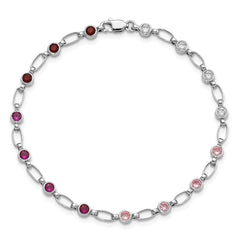 Sterling Silver Rhodium-plated Polished Red Pink Clear CZ Bracelet QG5938-7.25