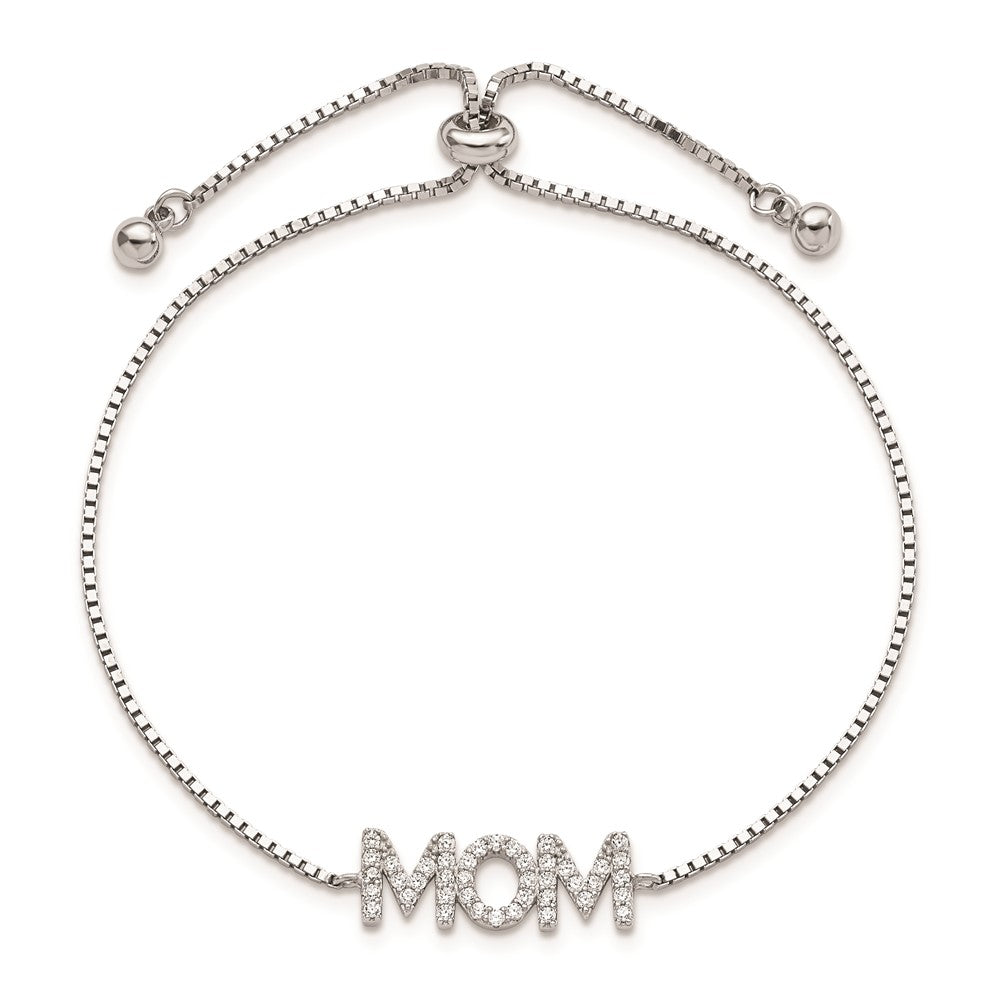 Sterling Silver Polished Rhodium-plated Pav������������������������������������������������������������������������������������������������������������������������������������������������������������������ CZ MOM Adjustable Bracelet QG5940