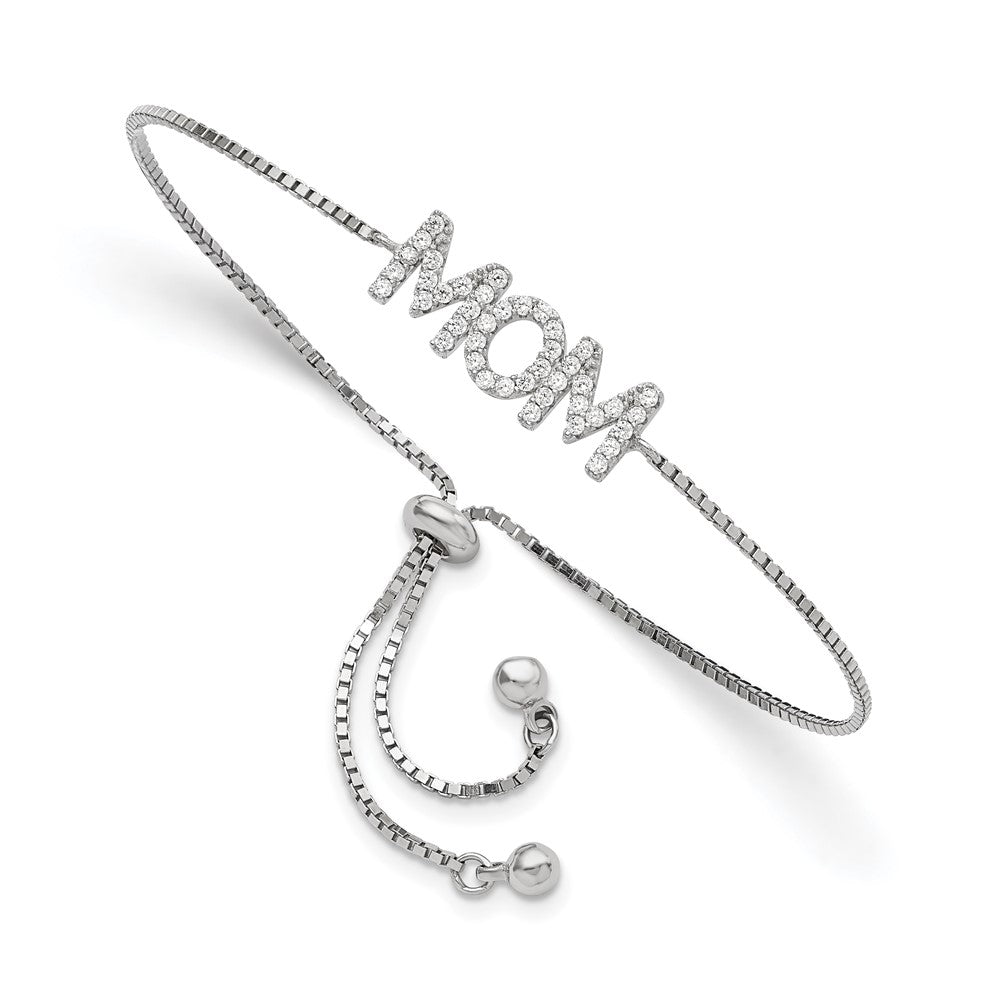 Sterling Silver Polished Rhodium-plated Pav������������������������������������������������������������������������������������������������������������������������������������������������������������������ CZ MOM Adjustable Bracelet QG5940
