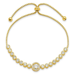 Sterling Silver Gold-tone Bezel Set CZ & CZ Halo Adjustable Bracelet QG5946