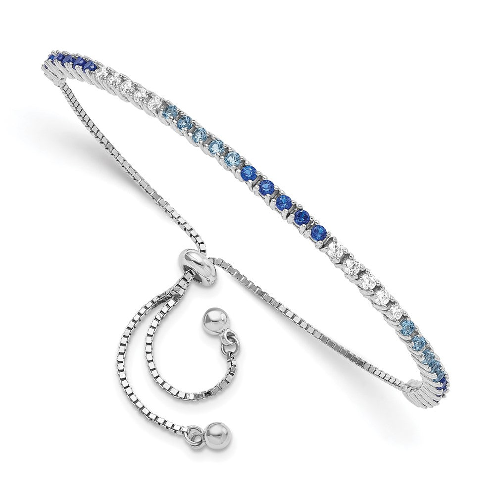 Sterling Silver Rhodium Created Blue Spinel & CZ Adjustable Bracelet QG5950