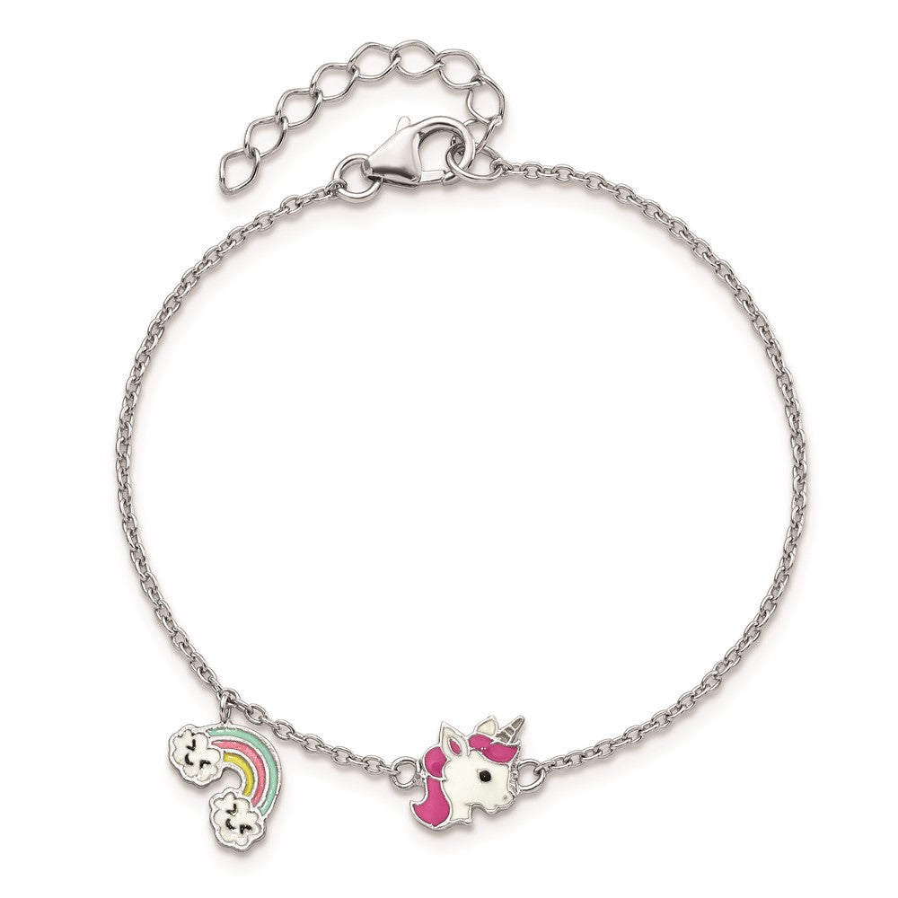 Sterling Silver Rhodium-plated Polished & Multi-color Enameled Unicorn & Rainbow with 1 Inch Extension Children's Bracelet QG6219-5.75