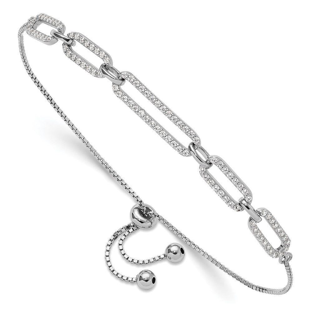 Sterling Silver Rhod-plated Paperclip Link CZ Adjustable Bracelet QG6258