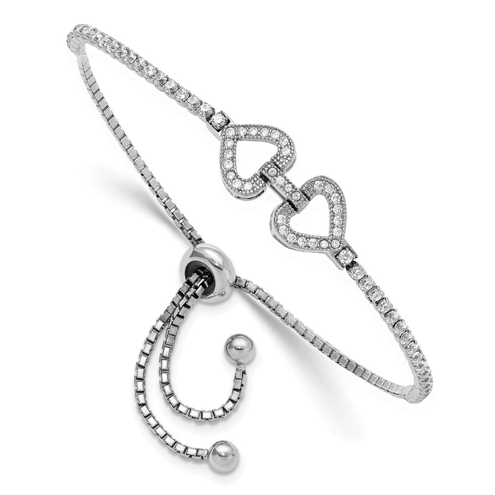 Sterling Silver Rhodium-plated CZ Linked Hearts Adjustable Bracelet QG6269